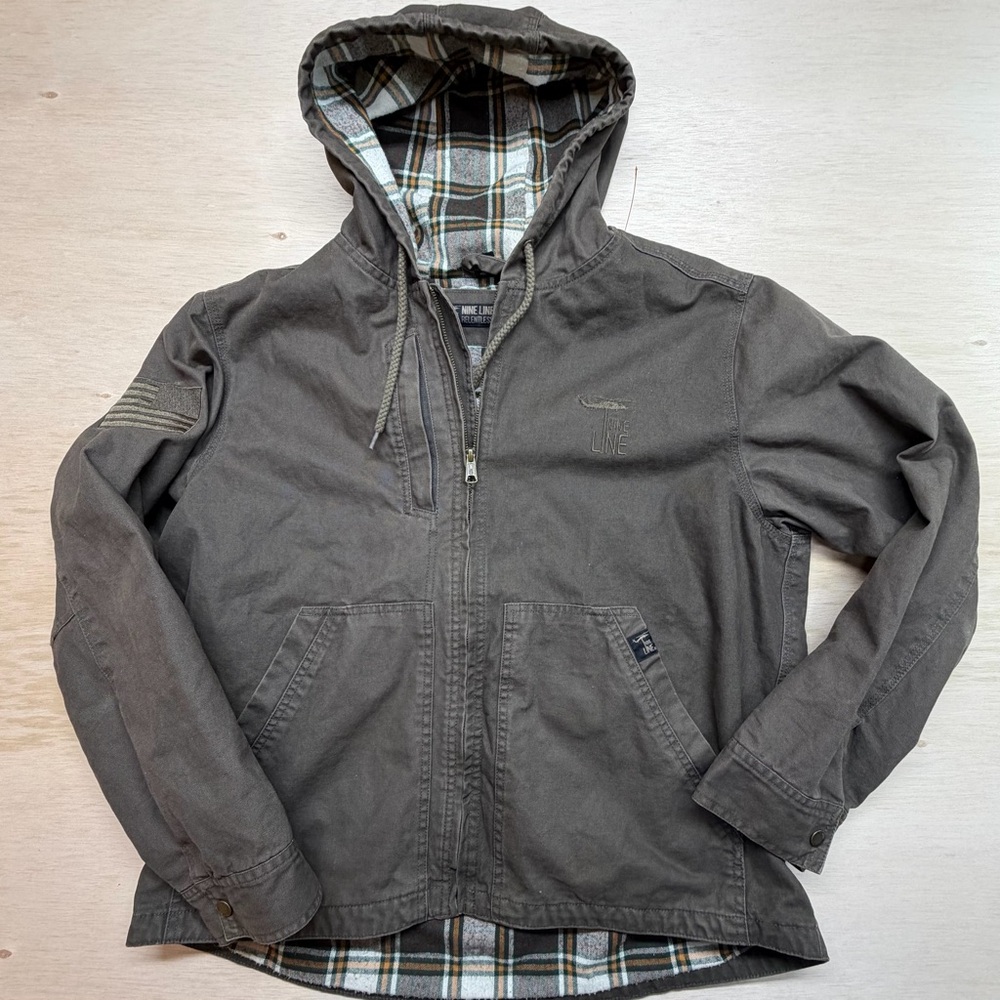 Nine Line Apparel Jacket Men XL Brown Field Flannel Lined Chore Full Zip Hood
